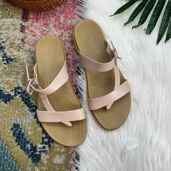 CROCS Light Pink Lightweight Slip On Tulum Shimmer Toe Post Sandal 7 - Picture 2 of 7